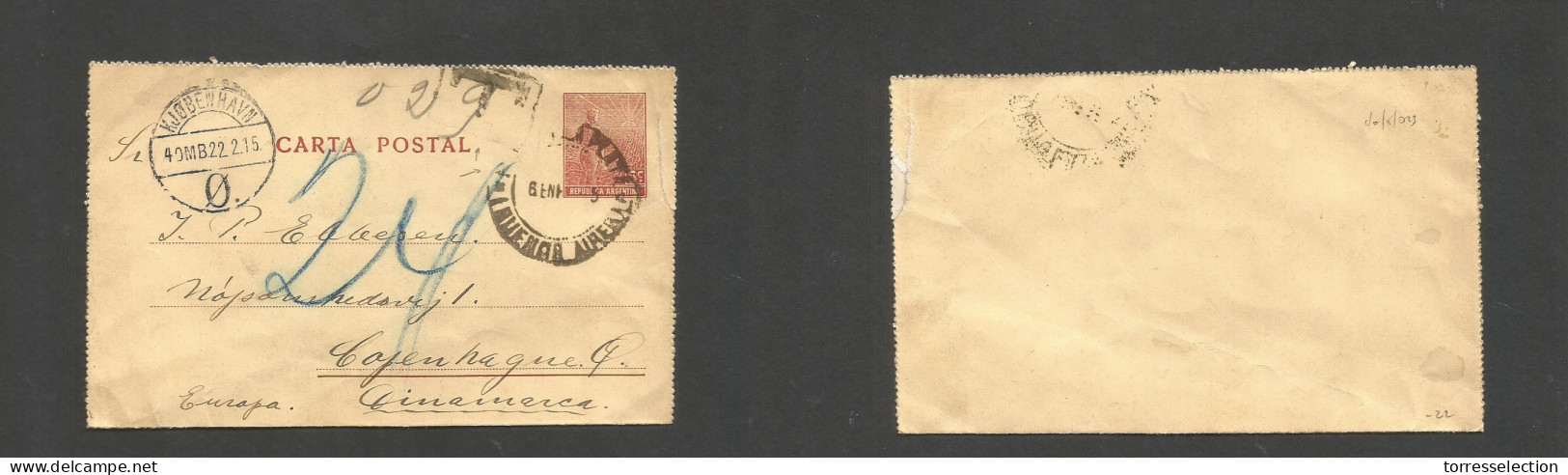 Argentina - Stationery. 1915 (6 Enero) La Plata - Denmark, Cph (22 Febr) 5c Red Stat Lettersheet Taxed + Due Cachet + Mn - Otros & Sin Clasificación