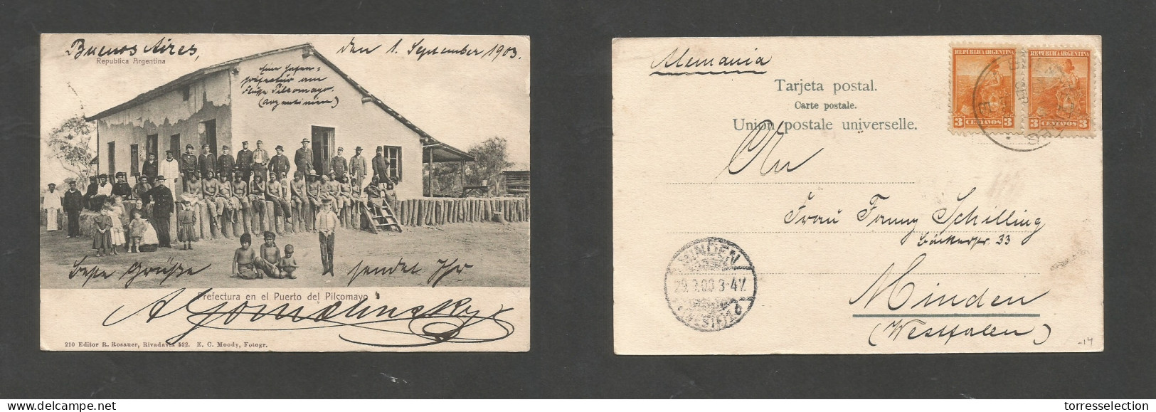 ARGENTINA. 1903 (Sept 1) Buenos Aires - Germany, Minden, Westfalen (29 Sept) Early Fkd Ppc. Prefactura Puerto Pilcomayo. - Altri & Non Classificati
