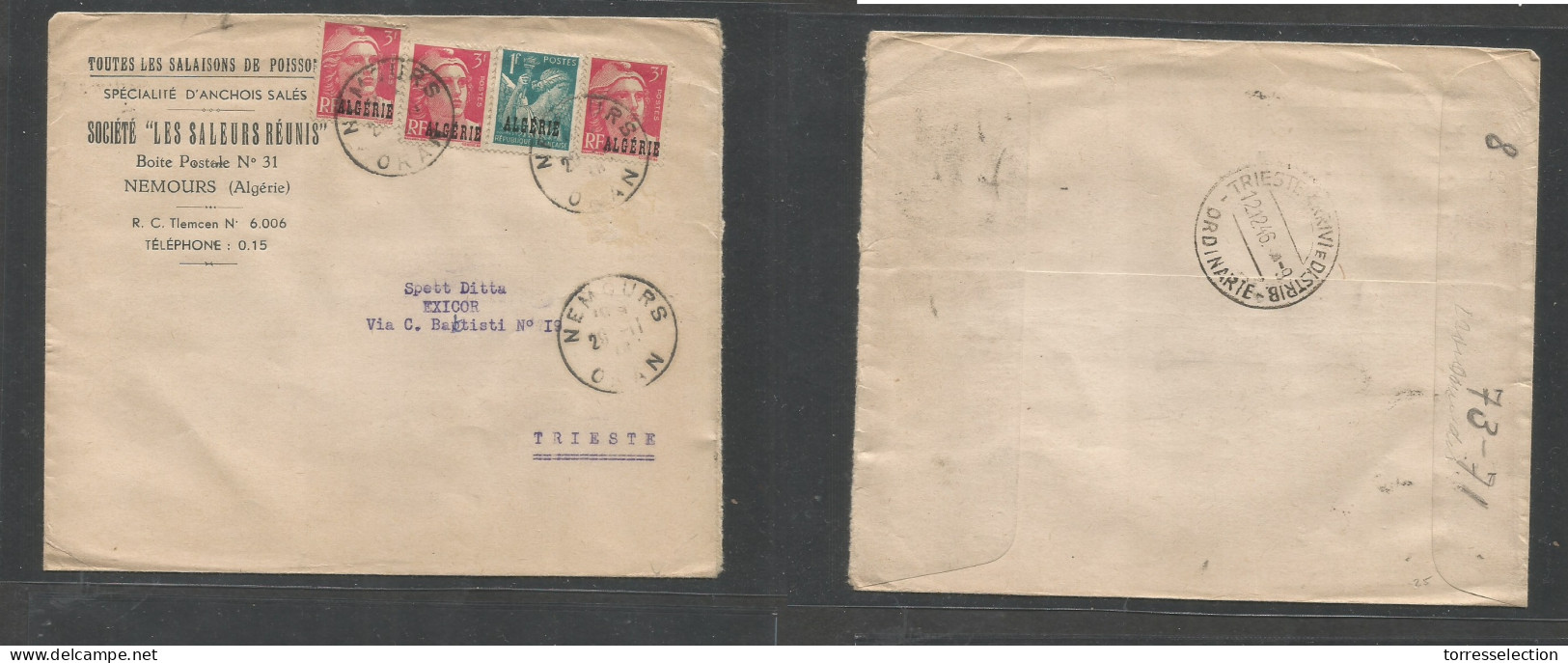 ALGERIA. 1946 (29 Nov) Nemours - Triest (12 Dec) Comercial Multifkd Env, Overprinted Mixed Issues, Tied Cds + At 10fr Ra - Algerien (1962-...)