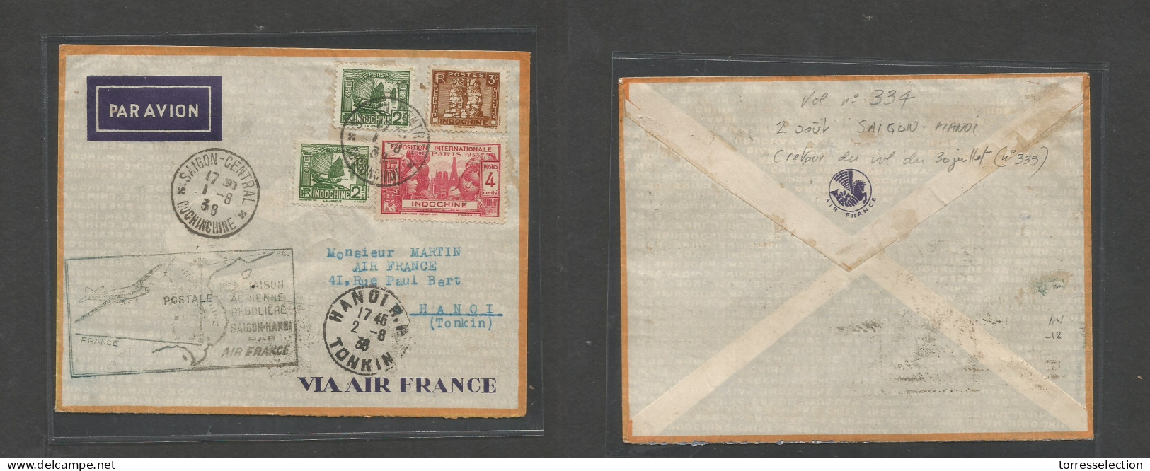 Airmails - World. 1938 (1 Aug) FRANCE - INDOCHINA - HONG KONG. First Air Flight. Air Multifkd Cacheted Envelope. Saigon  - Other & Unclassified