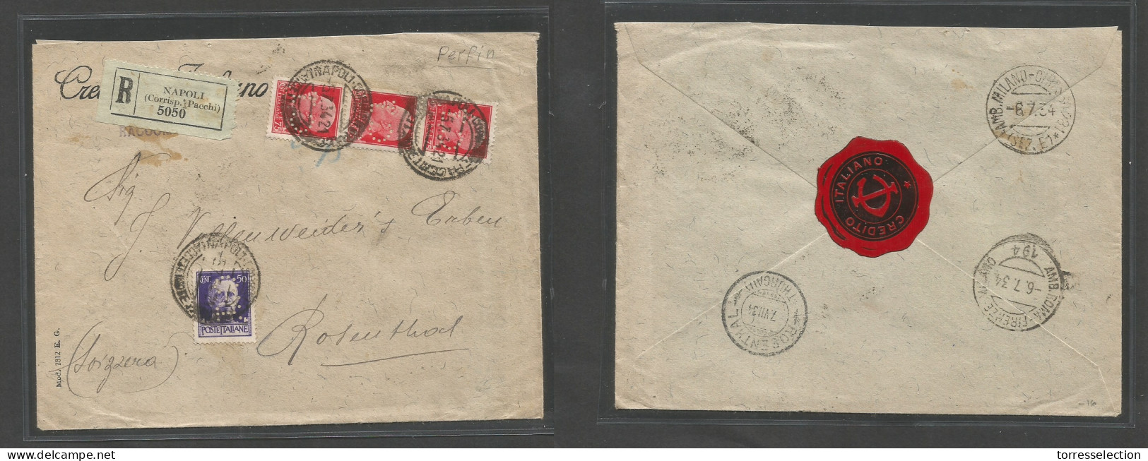 Italy - XX. 1934 (5 July) Napoli - Switzerland, Rosenthal (7 July) Registered Multifkd Perfin CI Envelope. SALE. - Sin Clasificación