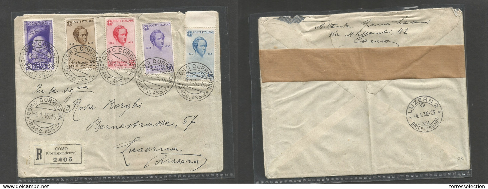 Italy - XX. 1936 (4 Jan) Como - Switzerland, Luzern (4 Jan) Cent. Belliniane. Registered Multifkd Env. XF. SALE. - Unclassified