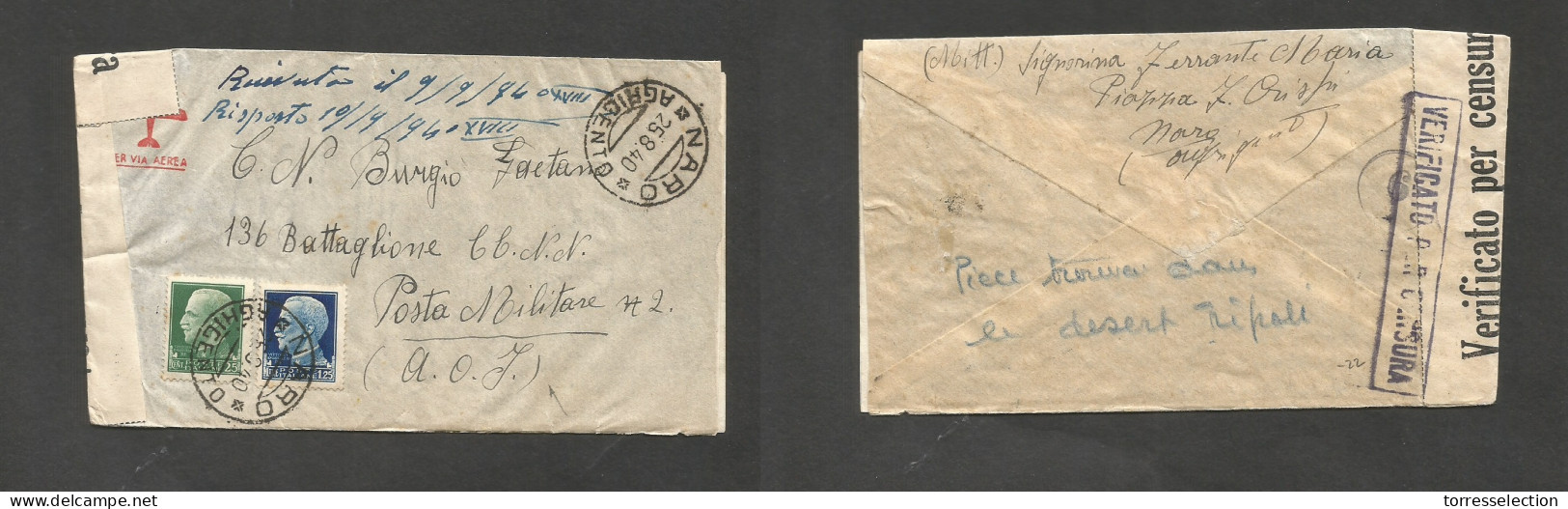 Italy - XX. 1940 (25 Aug) Naro - Africa Oriental Italiana. Air Multifkd Censored Envelope, Censored With Contains. SALE. - Ohne Zuordnung