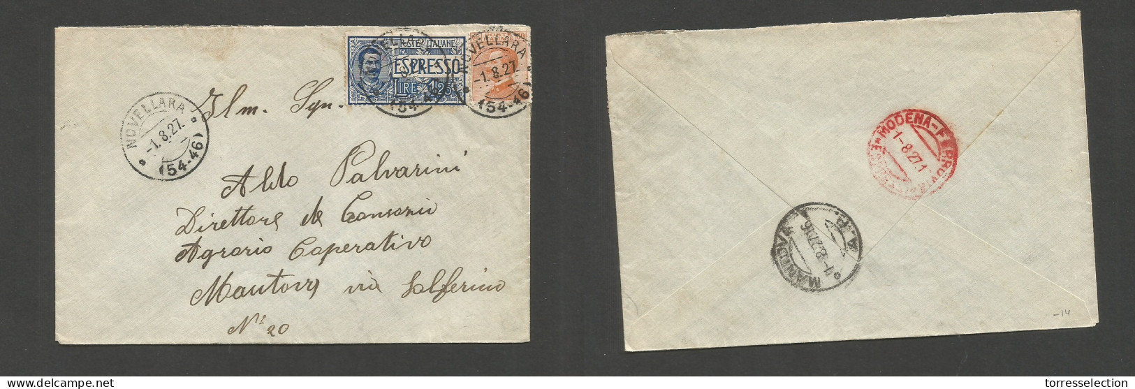 Italy - XX. 1927 (1 Aug) Novellara - Mandova, Solferino (1 Aug) Fkd + Express Service Multifkd Env. VF + Cds. SALE. - Ohne Zuordnung