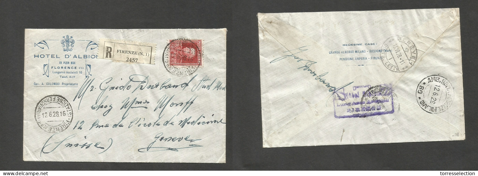 Italy - XX. 1928 (12 June) Florence - Switzerland, Geneve. Registered Comercial Single 2,55 Lire Fkd Envelope Tied Cds.  - Sin Clasificación