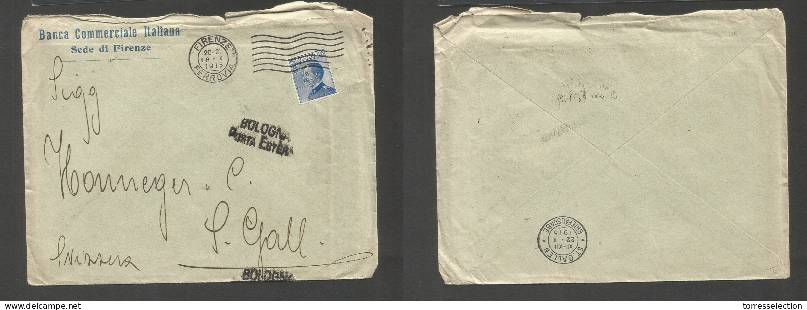 Italy - XX. 1915 (16 Oct) Perfin. BCI. Firenze - Switzerland, St. Gallen (22 Oct) Single Fkd Envelope. SALE. - Zonder Classificatie