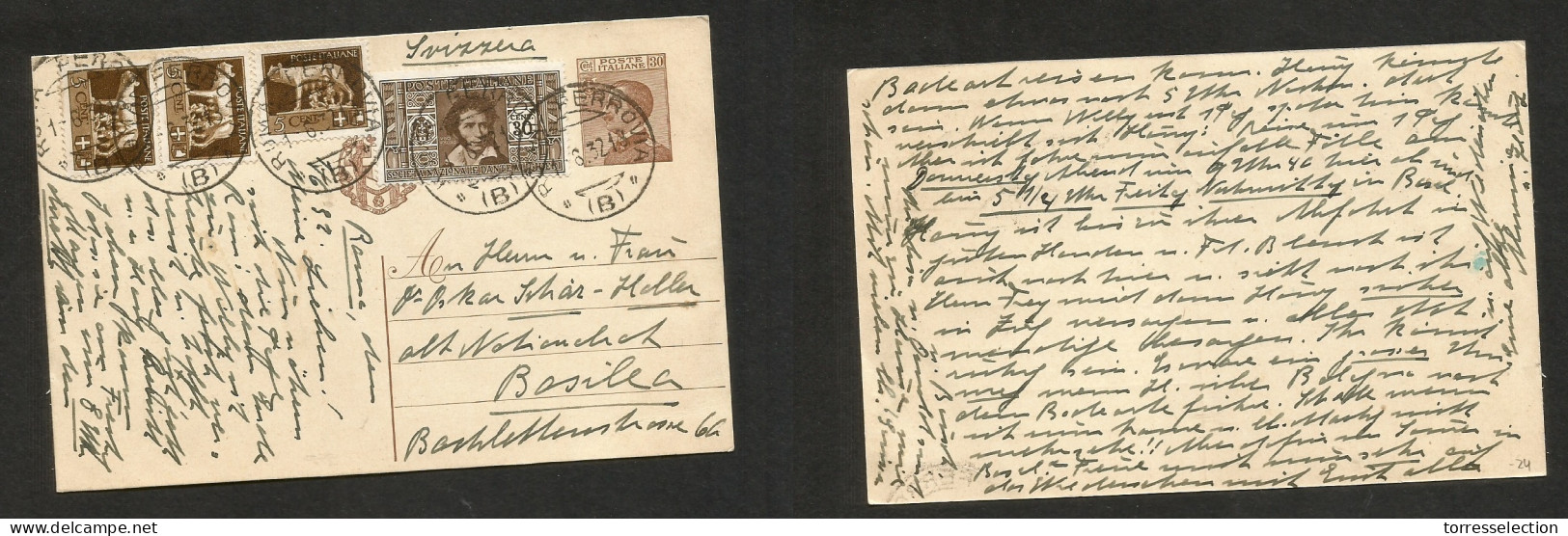 ITALY - Stationery. 1932 (1 June) Roma Ferrovia - Switzerland, Basel. 30c Brown Stat Card + 4 Adtls Incl. Dante Issue +  - Ohne Zuordnung