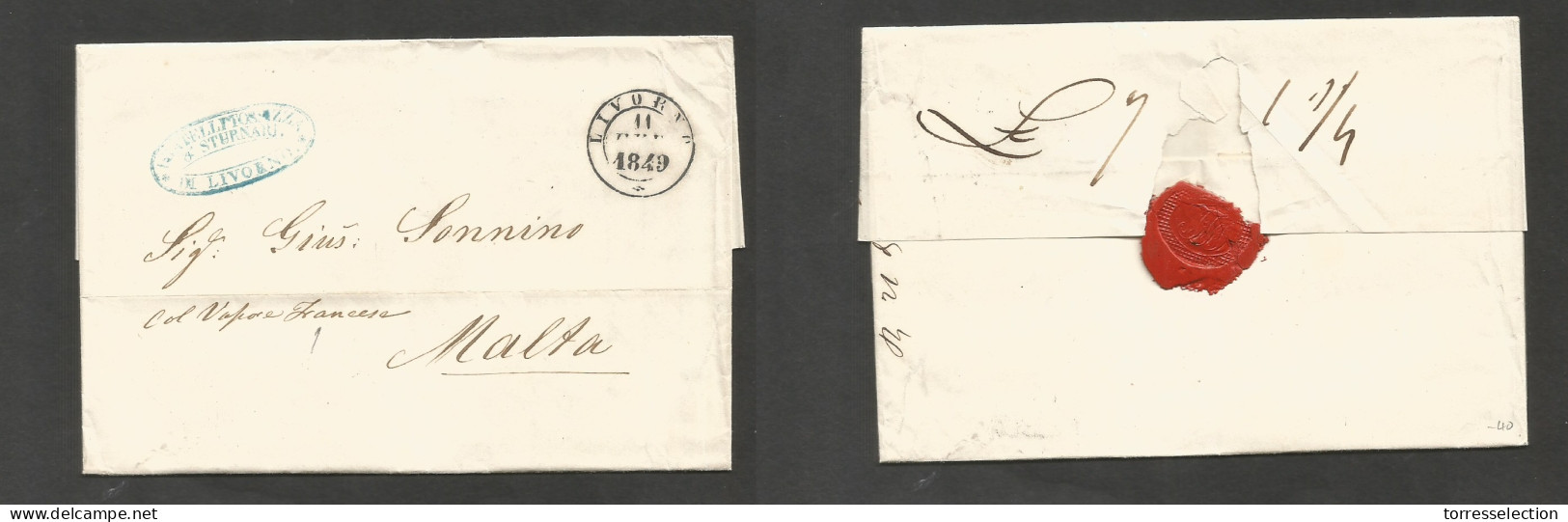 Italy - Prephilately. 1849 (11 Jan) Livorno - Malta. Stampless EL With Text, Depart Cds + Reverse Nms Charges. Endorsed  - Non Classificati