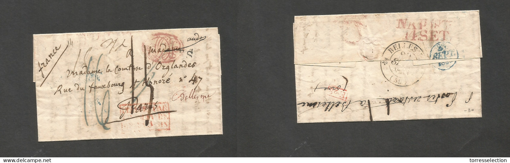 Italy - Prephilately. 1833 (14 Sept) Napoli - France, Paris, Fwded (29 Sept) Bellesme. Stampless E. With Text Several Tr - Zonder Classificatie
