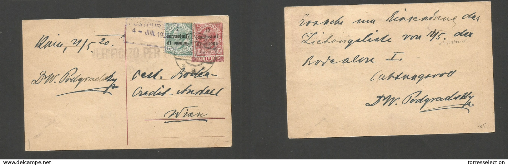 ITALY. 1920 (21 May) Venezia. Ovptd Issue. Knih - Austria, Wien. Censor Multifkd Ppc. Former Austria Stat Card. SALE. - Sin Clasificación