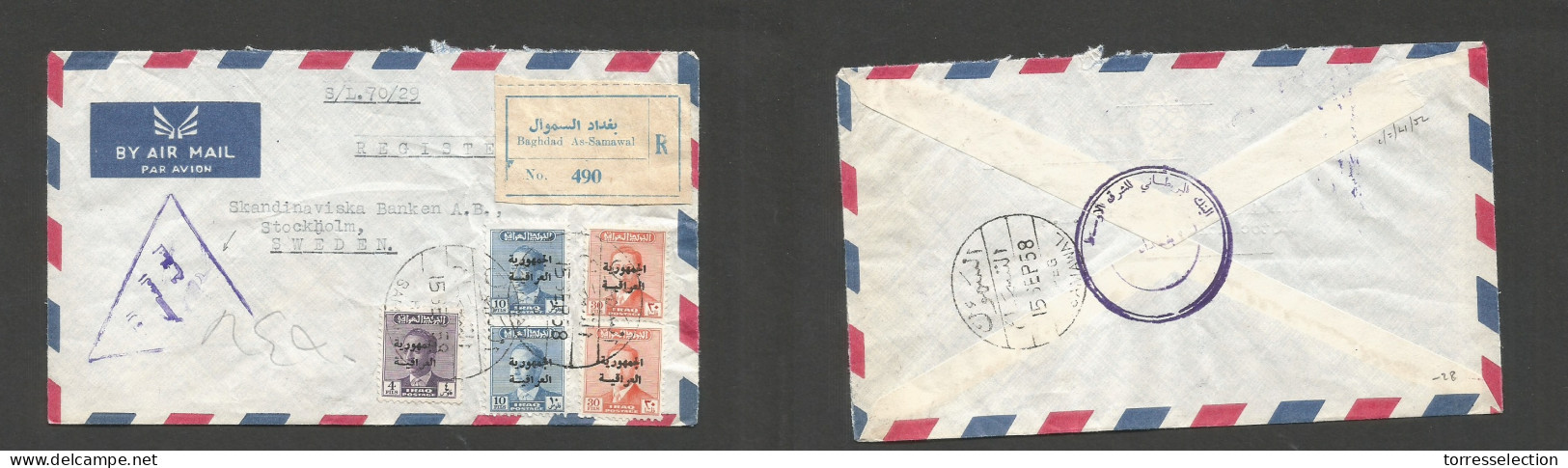 IRAQ. 1958 (15 Sept) Al Samawal - Sweden, Stockholm Registered. Air Multifkd Env, War Censored Ovptd Issue. VF Various C - Irak