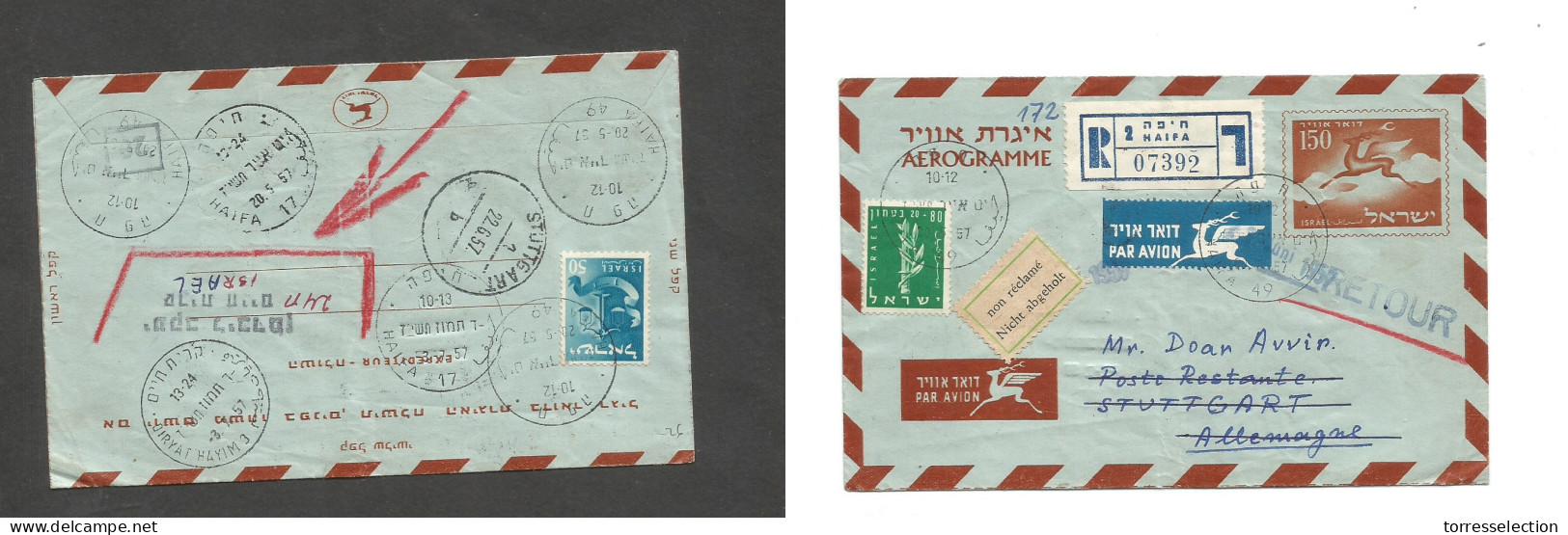 ISRAEL. 1957 (20 May) Haifa - Germany, Stuttgart (22 June) Registered Multifkd Front And Reverse 150s Brown Stationary A - Sonstige & Ohne Zuordnung