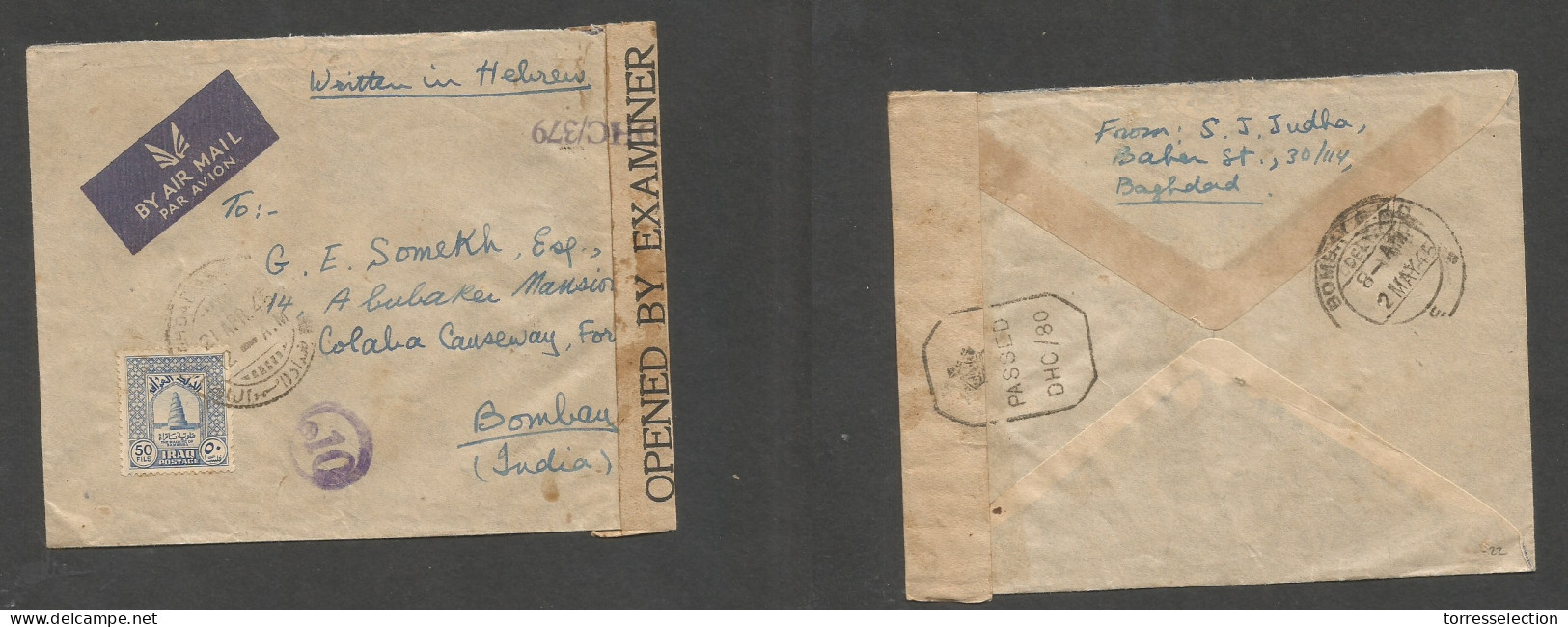 IRAQ. 1945 (21 Apr) Baghdad - India, Bombay (2 May) WWII Censored Single 50 Fils Fkd Envelope Hebrew Written. Arrival Ca - Irak