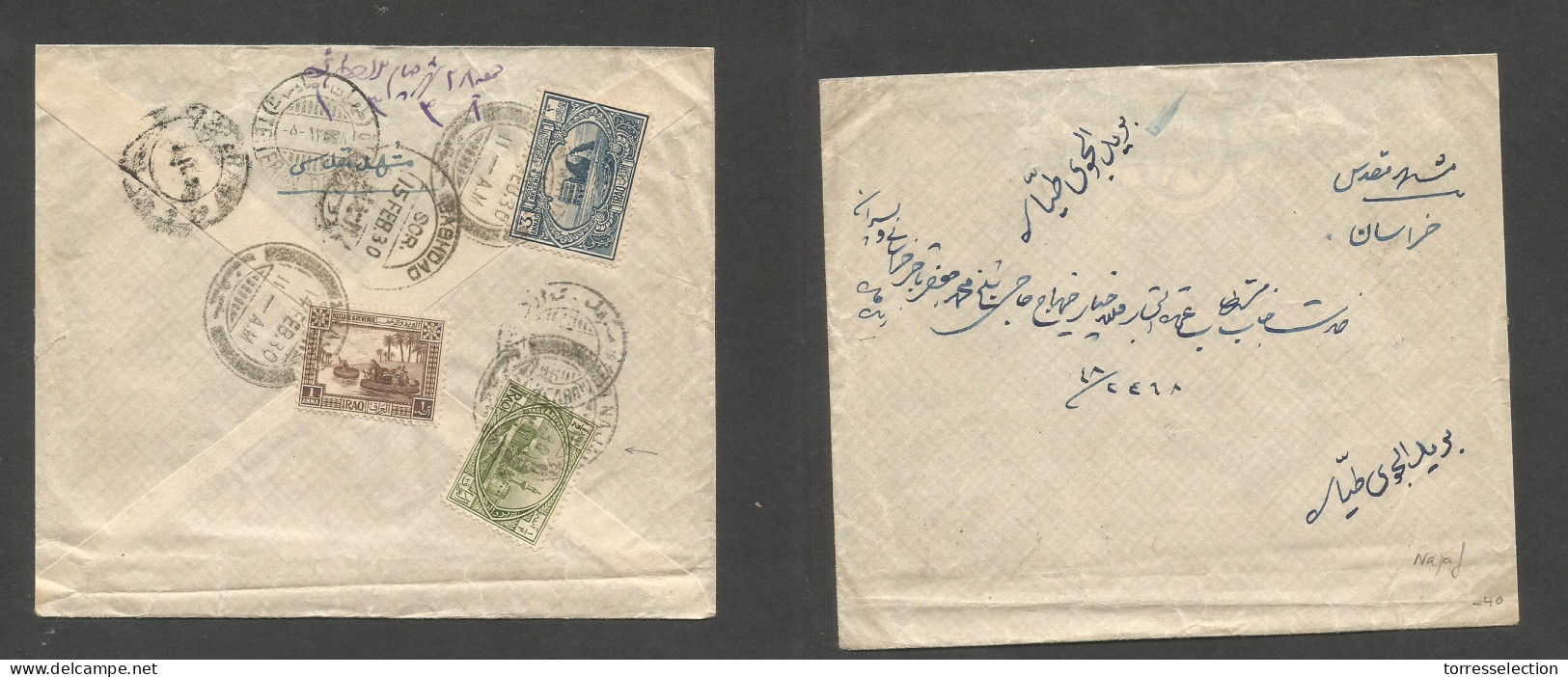 IRAQ. 1930 (14 Febr) Najaf - Persia Via Teheran. Reverse Multifkd Envelope At 45a Rate. SALE. - Irak