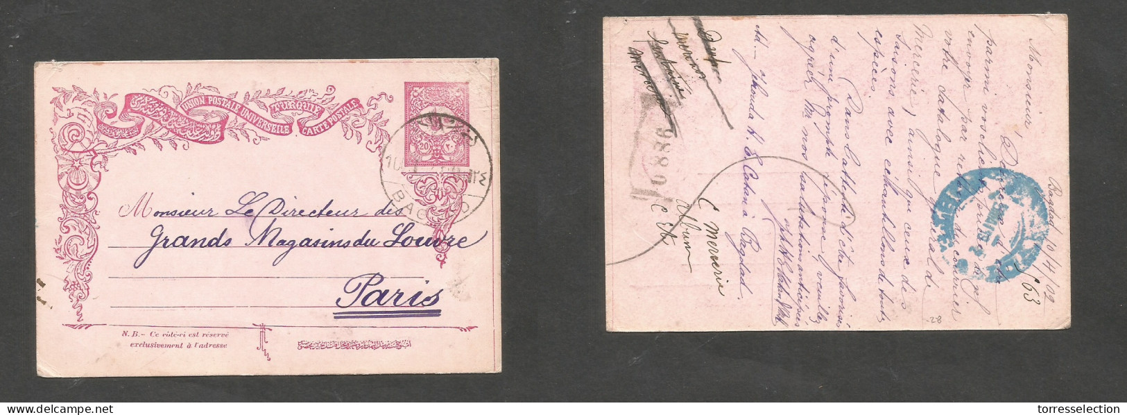 IRAQ. 1902 (10 Apr) Turkish PO Baghdad - France, Paris (5 May) 20p Red /pink Stat Card, Neat Bilingual Cds. Long Trip Ti - Iraq