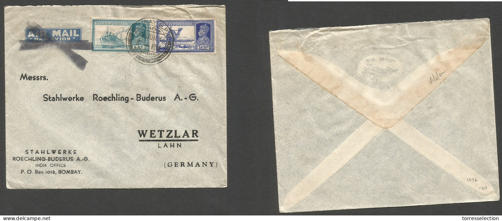 INDIA. 1936 (19 June) Bombay - Germany, Wetzlar. Air Multifkd Env. 9a6p Rate. SALE. - Sonstige & Ohne Zuordnung