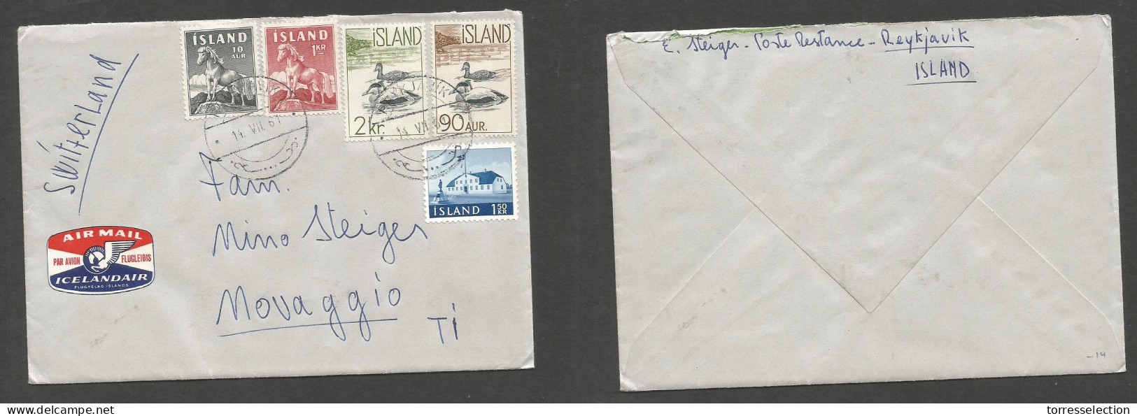 ICELAND. 1961 (14 July) Reykjavik - Switzerland, Novaggio, Ticino. Air Multifkd Envelope Color Iceland Air Label. VF, Wi - Autres & Non Classés