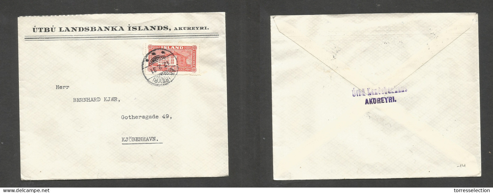 ICELAND. 1931 (12 Febr) Akureyri - Cph. Comercial Fkd Env 20 Aux Red, Tied Cds. SALE. - Andere & Zonder Classificatie