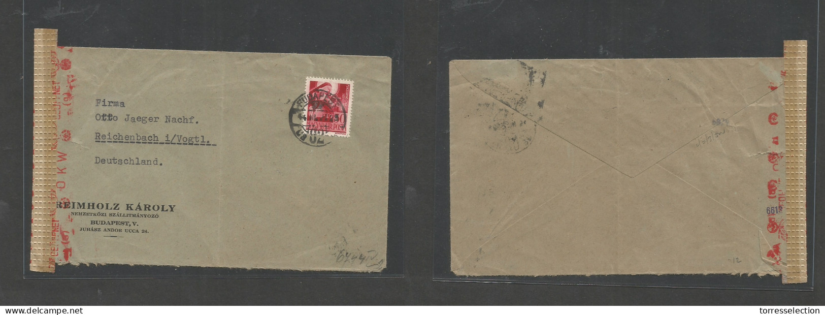 HUNGARY. 1944 (21 July) Budapest - Germany, Reichenbach. Comercial Fkd Single 30f Stamp, Nazi Censored Envelope. SALE. - Andere & Zonder Classificatie