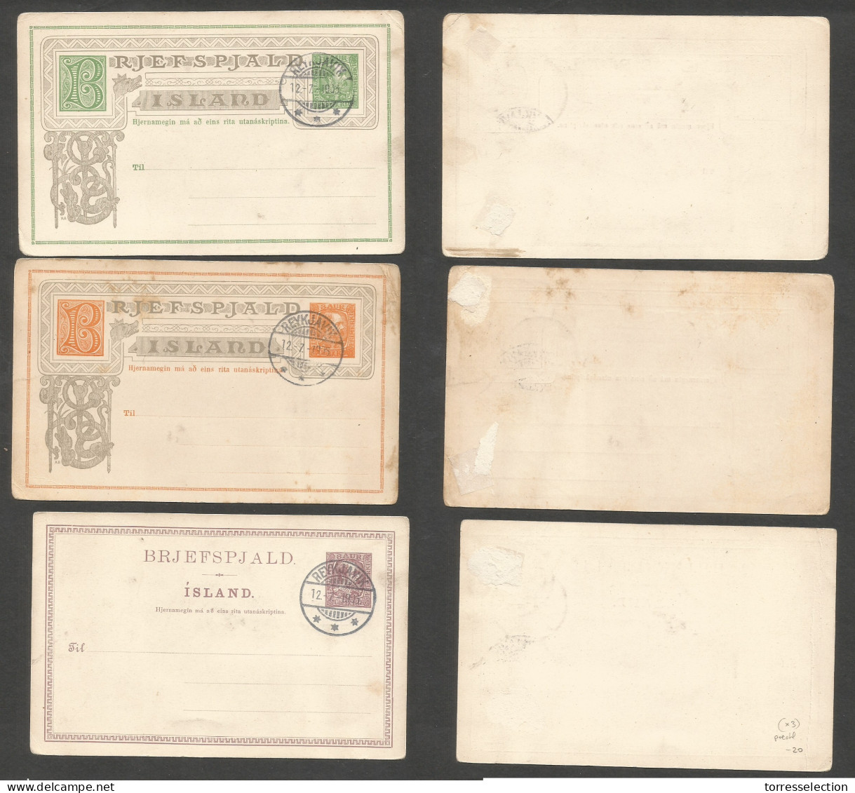 ICELAND. 1905 (12 July) 3 Diff Pre-cancelled (specimen) Stationary Cards. Scarce Trio. SALE. - Other & Unclassified