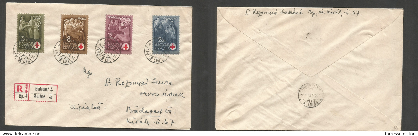HUNGARY. 1942 (4 Sept) Red Cross Issue, Budapest Local Registered Multifkd Envelope. Fine. SALE. - Sonstige & Ohne Zuordnung