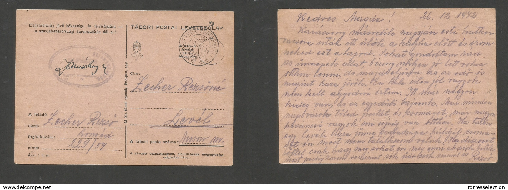 HUNGARY. 1942 (31 Dec) Free Mail, POW / Internees Mail. Zamsoby - Level. Diff Cachets Card WWII. SALE. - Other & Unclassified