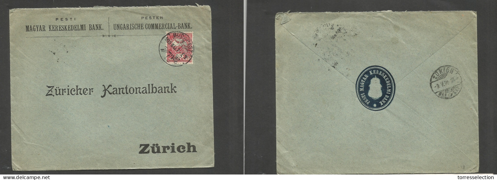 HUNGARY. 1900 (7 May) Budapest - Switzerland, Zurich (9 May) Comercial Perfin PMKB Fkd 50f Envelope, Arrival Cachet. Fin - Other & Unclassified