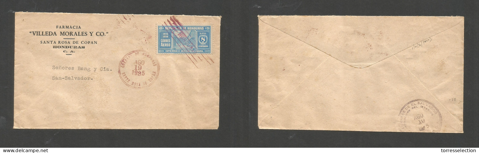 HONDURAS. 1935 (19 Aug) Santa Rosa De Copan - Salvador (18 Aug) Same Day Circulation. Comercial Usage. Rare Postal Conne - Honduras