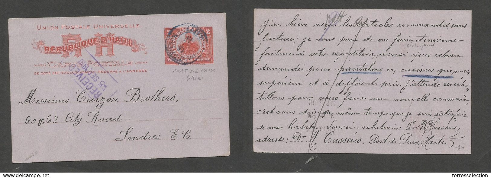 HAITI. 1910 (18 Aug) Port Paix - London, UK (5 Sept) 2c Red Stat Card. Fine Used. Arrival Cachet. SALE. - Haití