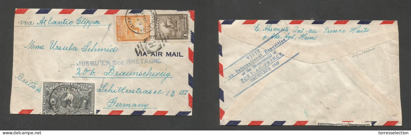 HAITI. 1949 (9 Dec) Port Prince - Germany, Braunschweig. Multifkd Air Envelope Via Atlantic Clipper + "via De Great Brit - Haiti