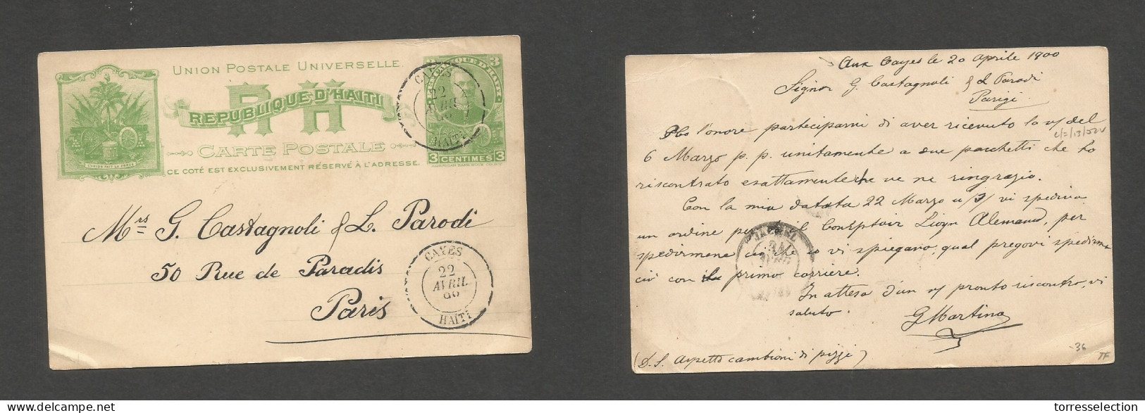 HAITI. 1900 (20 Apr) Aux Cayes - France, Paris. 3c Green Early Stat Card. Fine Used. SALE. - Haiti
