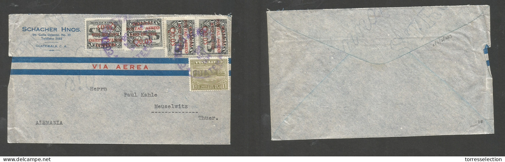 GUATEMALA. 1934 (26 May) GPO - Germany, Menselwitz. Air Ovptd Issue. Multifkd Envelope, Tied Cds. Interesting Usage. SAL - Guatemala