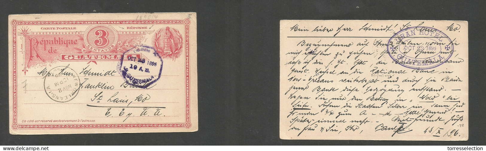 GUATEMALA. 1896 (23 Oct) Reply Stat Card. GPO - USA, St. Louis, Mo. Via New Orleans, Fine. SALE. - Guatemala