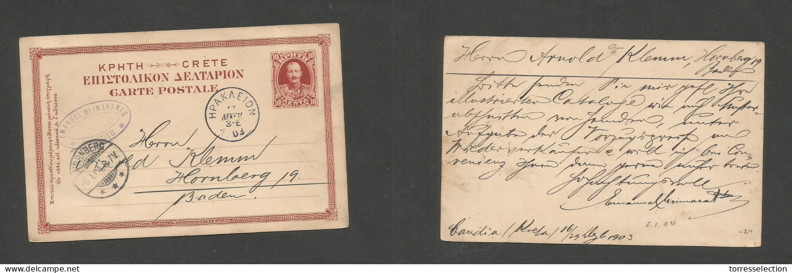 GREECE. 1903 (17 Dec) Candia, Kreta - Germany, Baden (6 Jan 04) 10l Red Stat Card. Fine. SALE. - Otros & Sin Clasificación