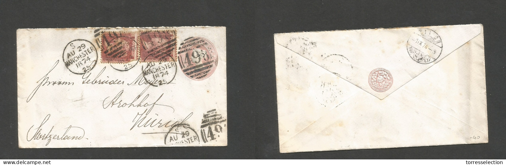 Great Britain - Stationery. 1874 (Aug 29) Manchester - Switzerland, Strohhof (11 Oct) 1d Rose Embossed Stat Envelope + 2 - Other & Unclassified
