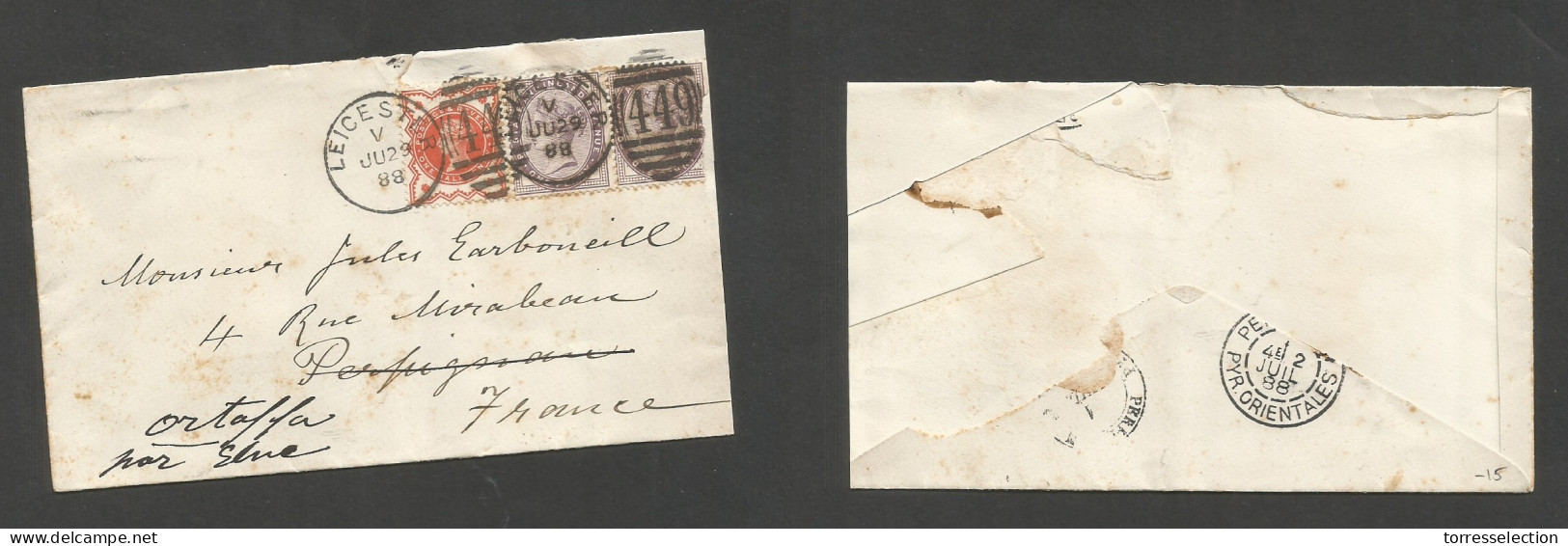 GREAT BRITAIN. 1888 (June 29) Leicester - France, Ortafa. Fkd Env (part Of Flap Gone) At 2 1/2d Rate "449" Grills. SALE. - Other & Unclassified