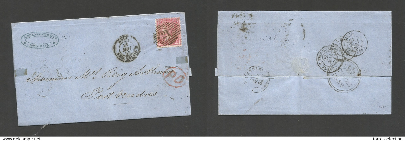 GREAT BRITAIN. 1858 (20 May) London - France, Put Vendres (23 May) EL With Text Fkd, 4d Rose, Tied 21 Grill. Fine. SALE. - Altri & Non Classificati