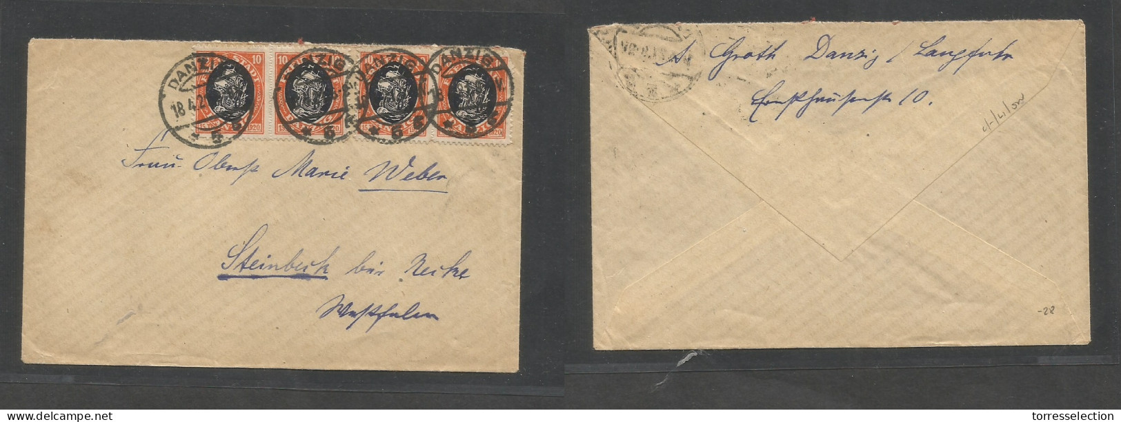 Germany - Danzig. 1921 (18 Apr) GPO - Steinbeck, Westphalec. Multifkd Env 10 Pf Strip Of Four, Tied Cds. XF. SALE. - Other & Unclassified