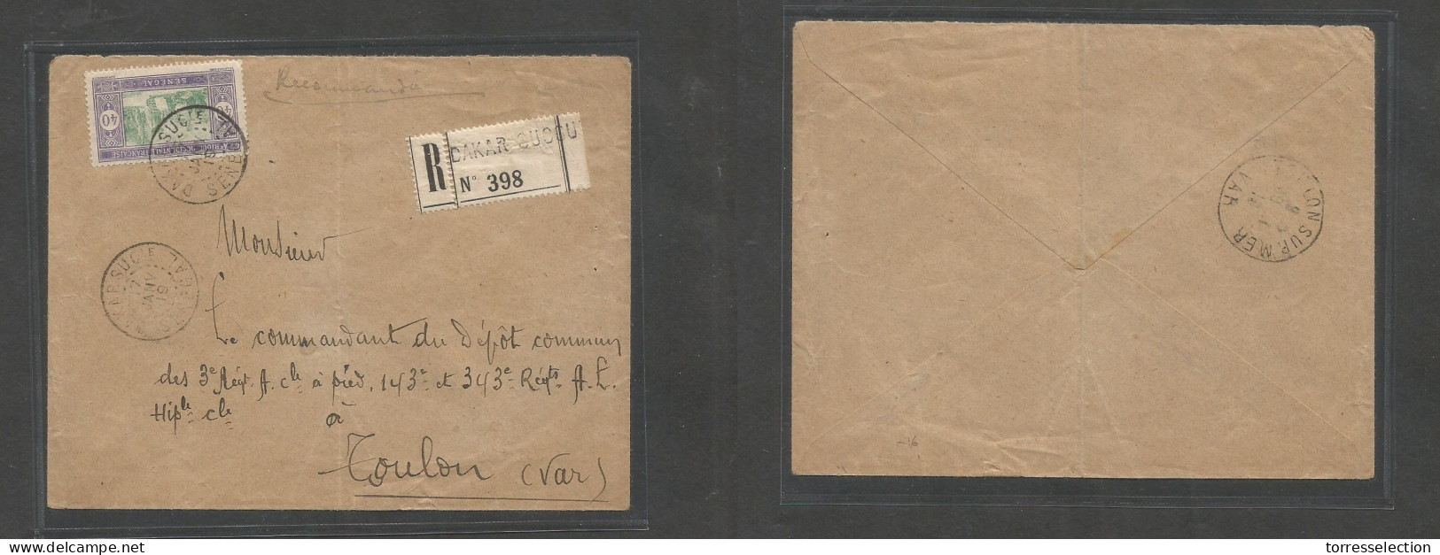 FRC - Senegal. 1919 (17 Jan) Dakar - France, Toulon, Var (30 Jan) Registered Single 40c Fkd Env, Tied Cds + R-label. VF  - Sonstige & Ohne Zuordnung