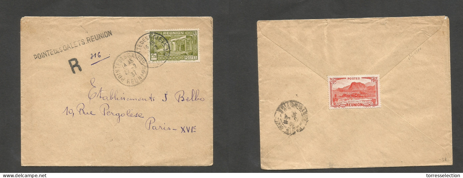 FRC - REUNION. 1937 (27 Febr) Ponte Des Galettes - France, Paris. Registered Single 1,75 Fr Rate, Cds + R-caceht. Revers - Sonstige & Ohne Zuordnung