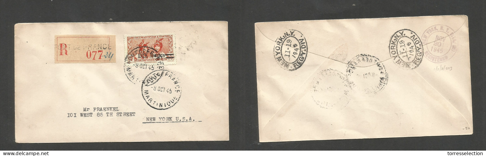 FRC - Martinique. 1945 (8 Oct) Fort De France - USA, NYC (19-20 Nov) Registered Ovptd 10fr Envelope, Cds + R-label. Arri - Other & Unclassified