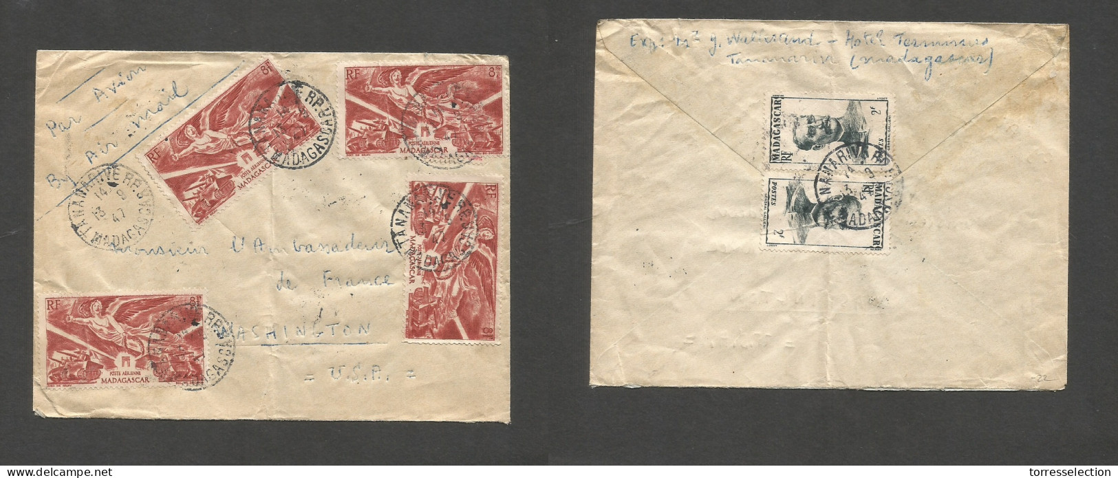 FRC - Madagascar. 1947 (13 Sept) Tananarive - USA, Washington. Air Multifkd Front And Reverse Env At 36fr Rate. VF. SALE - Other & Unclassified