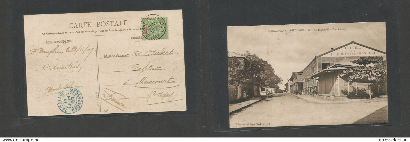 FRC - Madagascar. 1909 (17 June) Fort Dauphin, Tamatave - France, Mire Court. Fkd Ppc, Blue Cds. SALE. - Andere & Zonder Classificatie