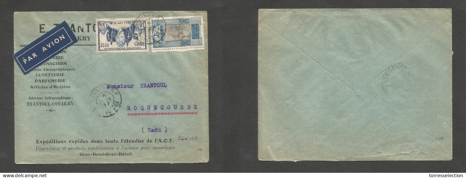 FRC - Guinea. 1937 (6 June) AOF. Conarkry - France, Taru. Air Comercial Multifkd Env Incl. International Expo, Cds. SALE - Other & Unclassified
