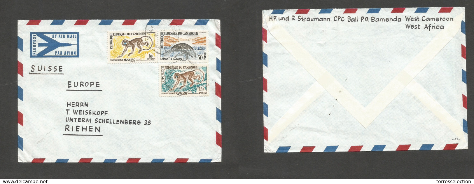 FRC - Cameroun. 1967 (3 Dec) Bali - Switzerland, Riehen. Air Multifkd Envelope. Fauna Issue. VF. SALE. - Andere & Zonder Classificatie