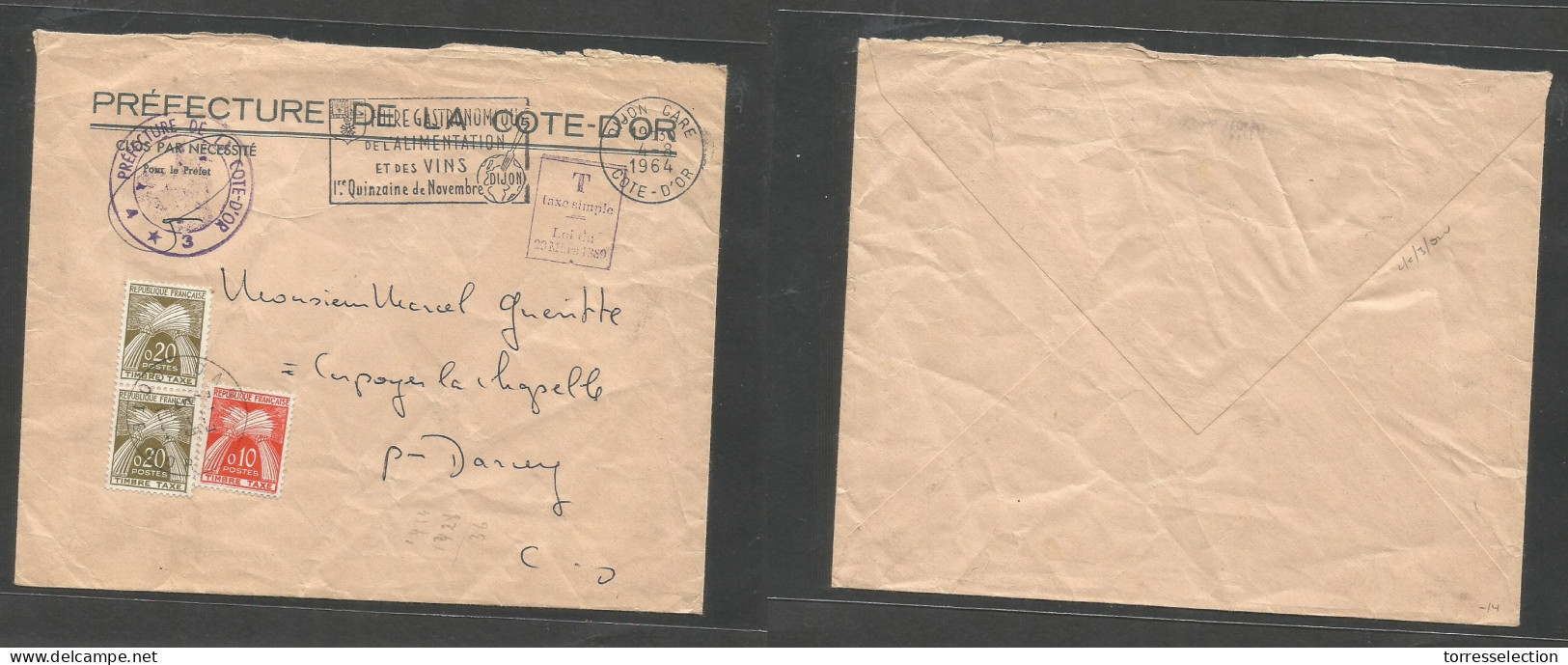 FRANCE - XX. 1964 (4 Aug) Dijon, Cote De Or - Darrey (5 Aug) Official Cacheted Envelope + Taxed + (x3) French Arrival P. - Sonstige & Ohne Zuordnung