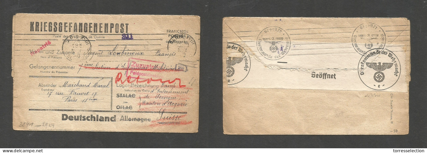 FRANCE - XX. 1940 (28 Nov) POW Mail. Paris - Switzerland, Internees. Seengen, Argovic + "Repatrie" Nazi Censored. Intere - Sonstige & Ohne Zuordnung