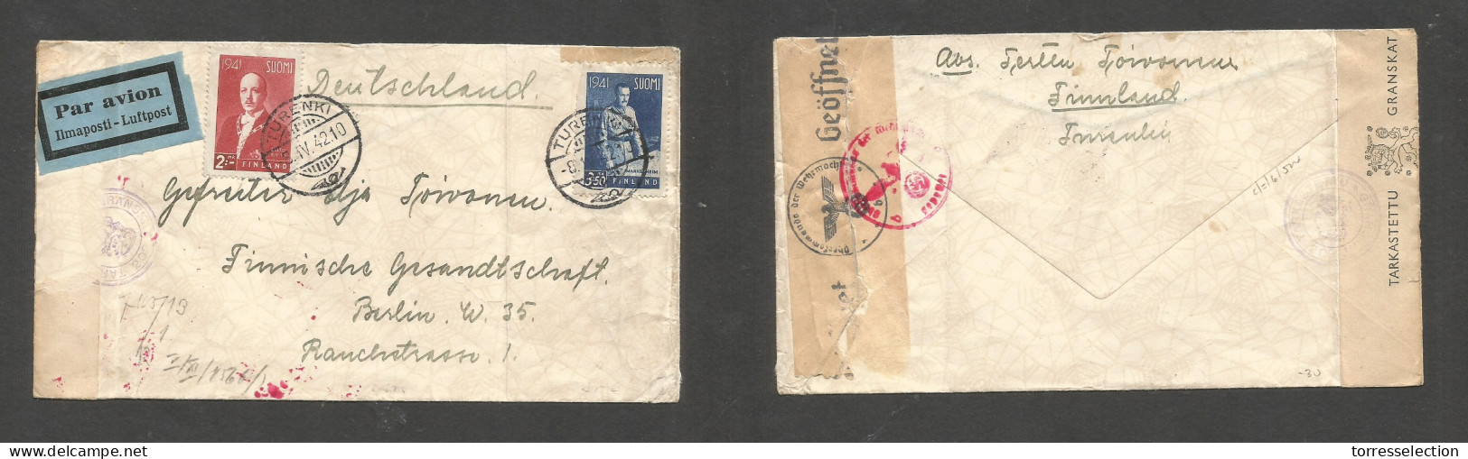FINLAND. 1942 (8 April) Turenki - Germany, Berlin. Air Dual Censored Multifkd Envelope At 5,50m Rate. SALE. - Other & Unclassified
