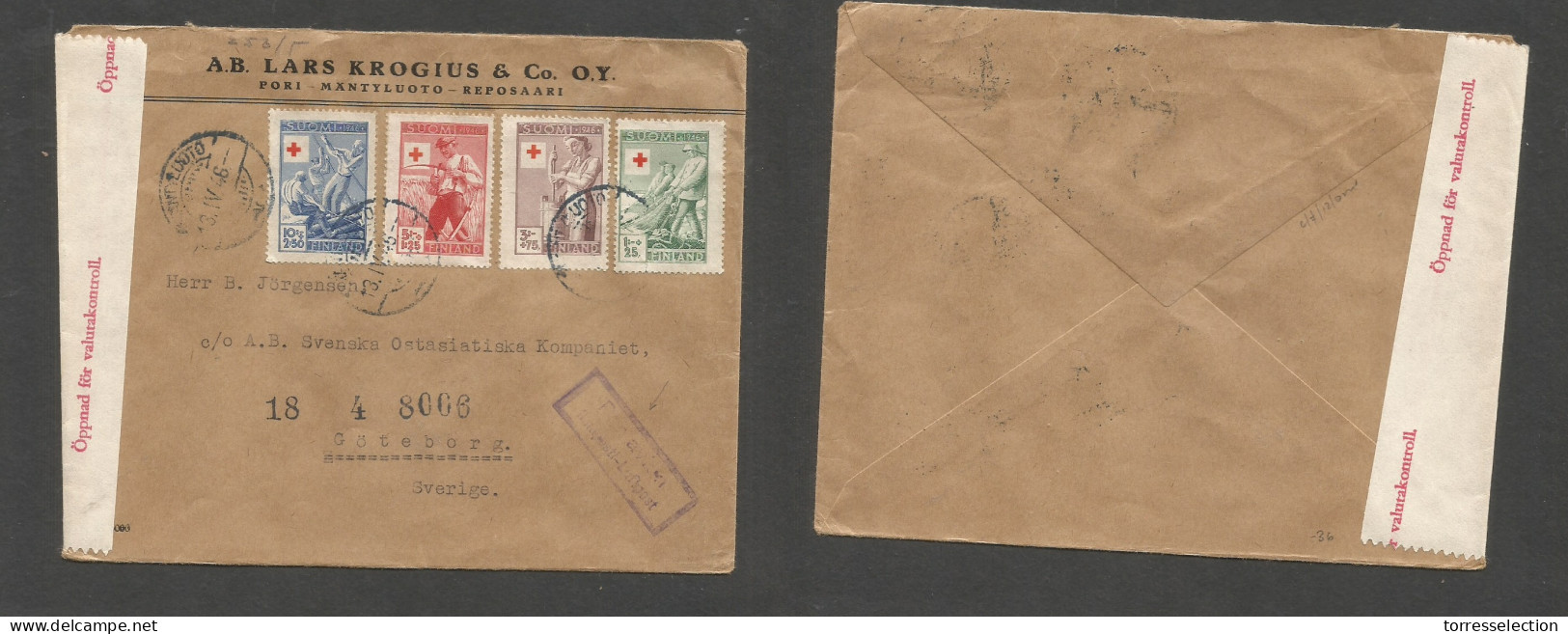 FINLAND. 1946 (13 April) Porimantyluoto - Sweden, Goteborg Red Cross Multifkd Semipostal Usage. Airmail + Censor Control - Other & Unclassified
