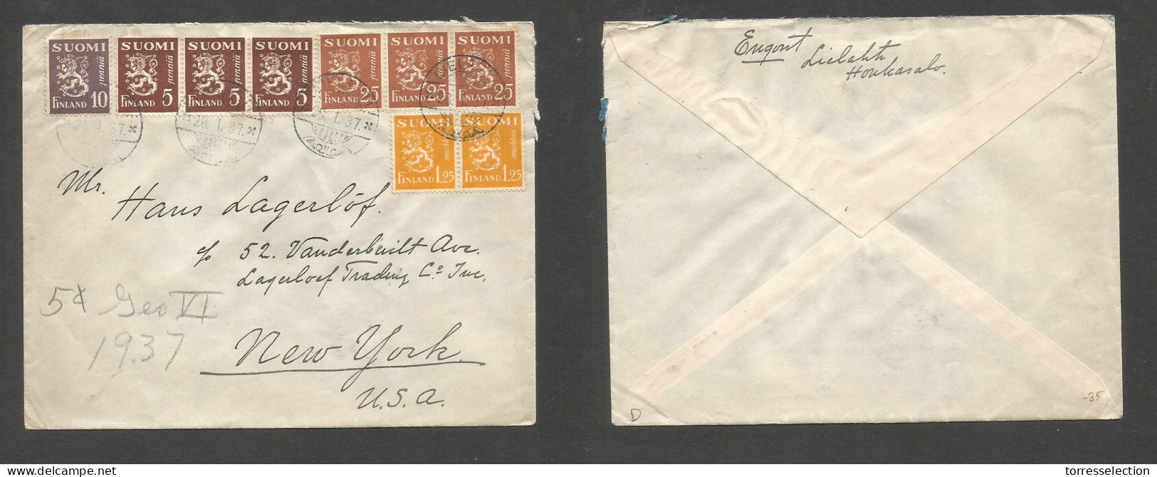 FINLAND. 1937 (28 Jan) Lielahti - USA, NYC. Multifkd Env, Cds At 3,50m Rate. VF Multiple Usage. SALE. - Other & Unclassified